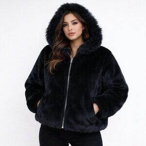 Olympia faux fur coat blue hood women's L full zip winter coat luxury whimsy